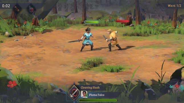 Ein Screenshot von Castles zeigt eine Person, die im Wald gegen einen Banditen kämpft. 